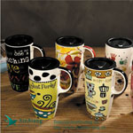 High white printed ceramic coffee mugs with lid