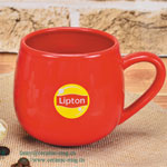 Pure red Lipton ceramic soup mugs with a large belly