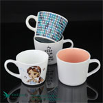 White wide mouth printed ceramic coffee mugs