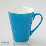 Thin blue V-shaped embossed ceramic coffee mugs with logo Suppliers