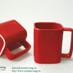 Red square printed ceramic coffee mugs with square handle