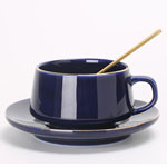 Custom 300ml blue vintage nordic ceramic coffee cup and saucer minimal ceramic mugs with gold rim