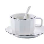 Promotional elegant ceramic cup and saucer with logo hexagon cappuccino ceramic coffee mugs with spoon