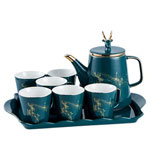 Custom nordic peacock green water bottle water mugs 8 piece Luxury elk ceramic tea set with silver rim
