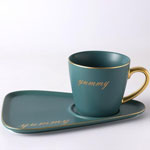 Custom blue matte ceramic coffee cup and saucer with logo Triangular plate mug with golden rim and gold handle