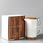 Custom white ceramic infuser mugs with logo stackable ceramic tea mugs with wooden lid and box