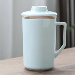Manufacturers blue 400ml big ceramic tea mugs with tea filter and lid Solid color ceramic tea cup with gold rim