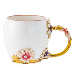 Reusable small daisy ceramic enamel mugs with alloy handle white ceramic coffee mugs with petal handle