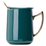 Suppliers peacock green creative ceramic mugs with crescent handle solid color ceramic coffee cups with lid spoon