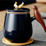 Manufacturers navy blue ceramic tea mugs with wooden bird handle coffee cups with tea filter