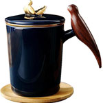 Manufacturers 11oz navy blue ceramic tea mugs with wooden bird handle european luxury coffee cups with tea filter