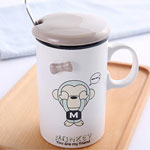 Custom white big mouth monkey ceramic mugs with lid and spoon 3D coffee mugs with ring handle