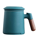 Custom 11oz matte blue ceramic tea mugs with wooden handle coffee cups with tea filter