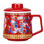 Red enamel ceramic tea mugs with tea filter and lid china retro dragon tea cups