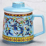 Cheap blue enamel ceramic tea mugs with tea filter and lid china retro dragon tea cups