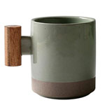 Cheap japanese stoneware ceramic coffee mugs green and grey glazed with wooden handle