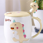 Suppliers cartoon ceramic mugs with lid Yellow cute 3D dinosaur embossed coffee cups