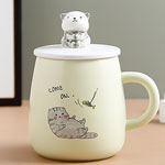 Custom korean ceramic mugs with lid 3D yellow cat coffee cups with logo factory
