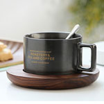 Custom matte plain black ceramic coffee mugs and wooden saucer european luxury tea cups