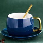 Custom blue ceramic coffee mugs with golden handle Luxury black tea cup and saucer