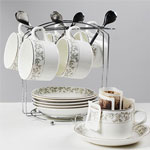 Sublimation european white ceramic black tea mug and saucer set with silver logo