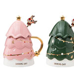 Custom ceramic christmas mugs christmas tree shape mugs with lid spoon manufacturers